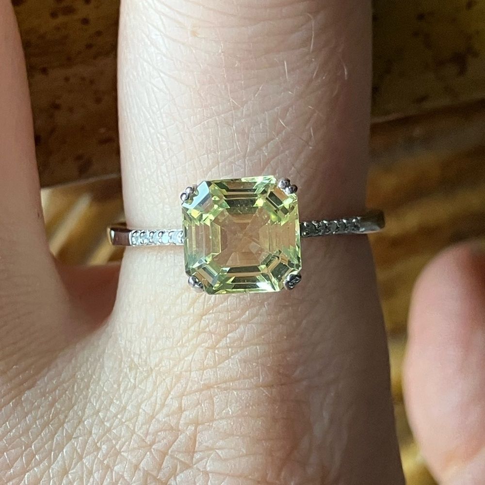 Natural Yellow Apatite White Diamond Sterling Silver Ring Size 9